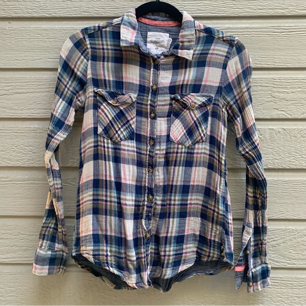 H&M | Blue & White Button Down Plaid Shirt - 4